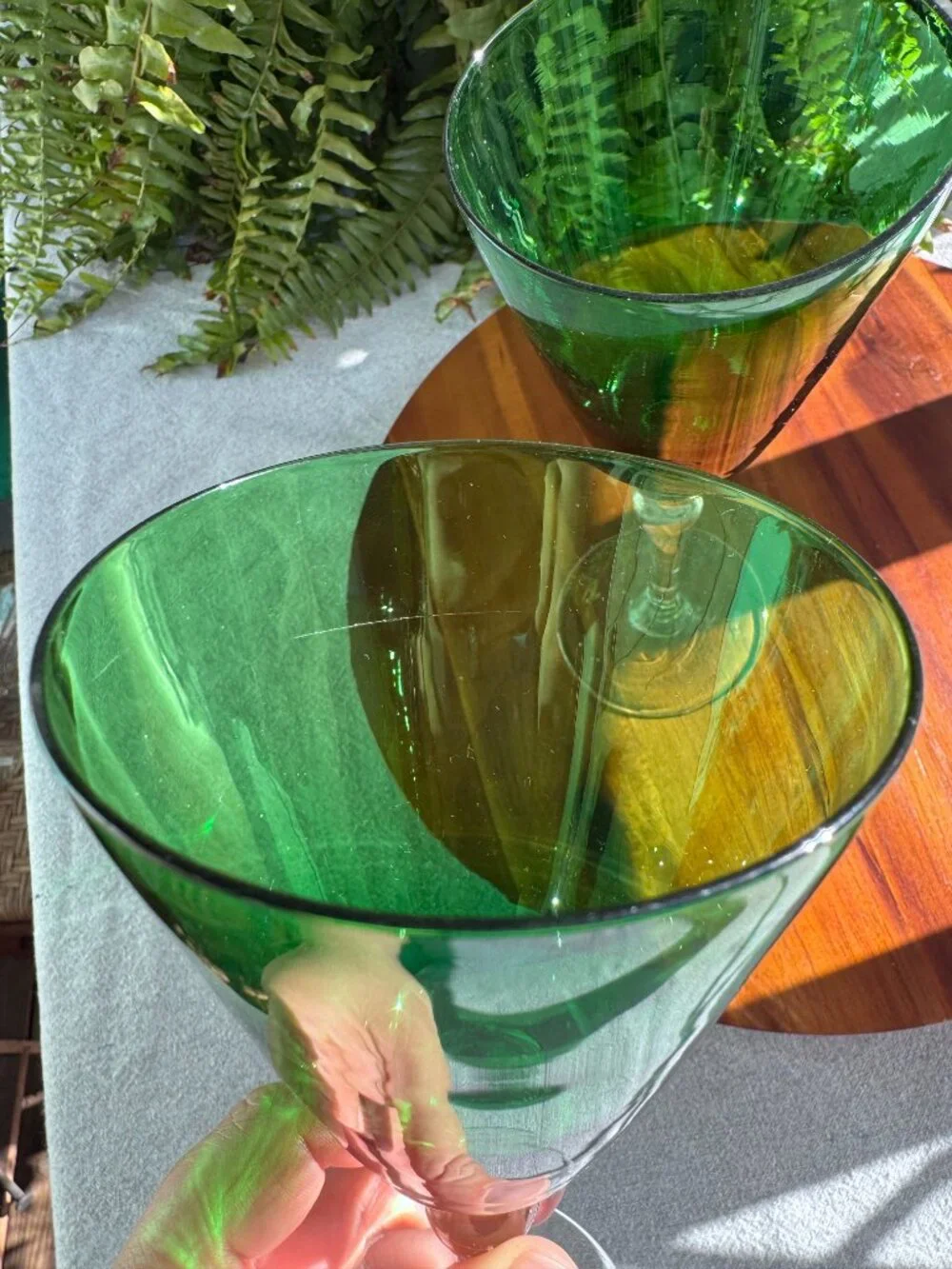 Set of 2 Vintage Emerald Green Wine Glasses, Clear Baluster Stem, Mid Century